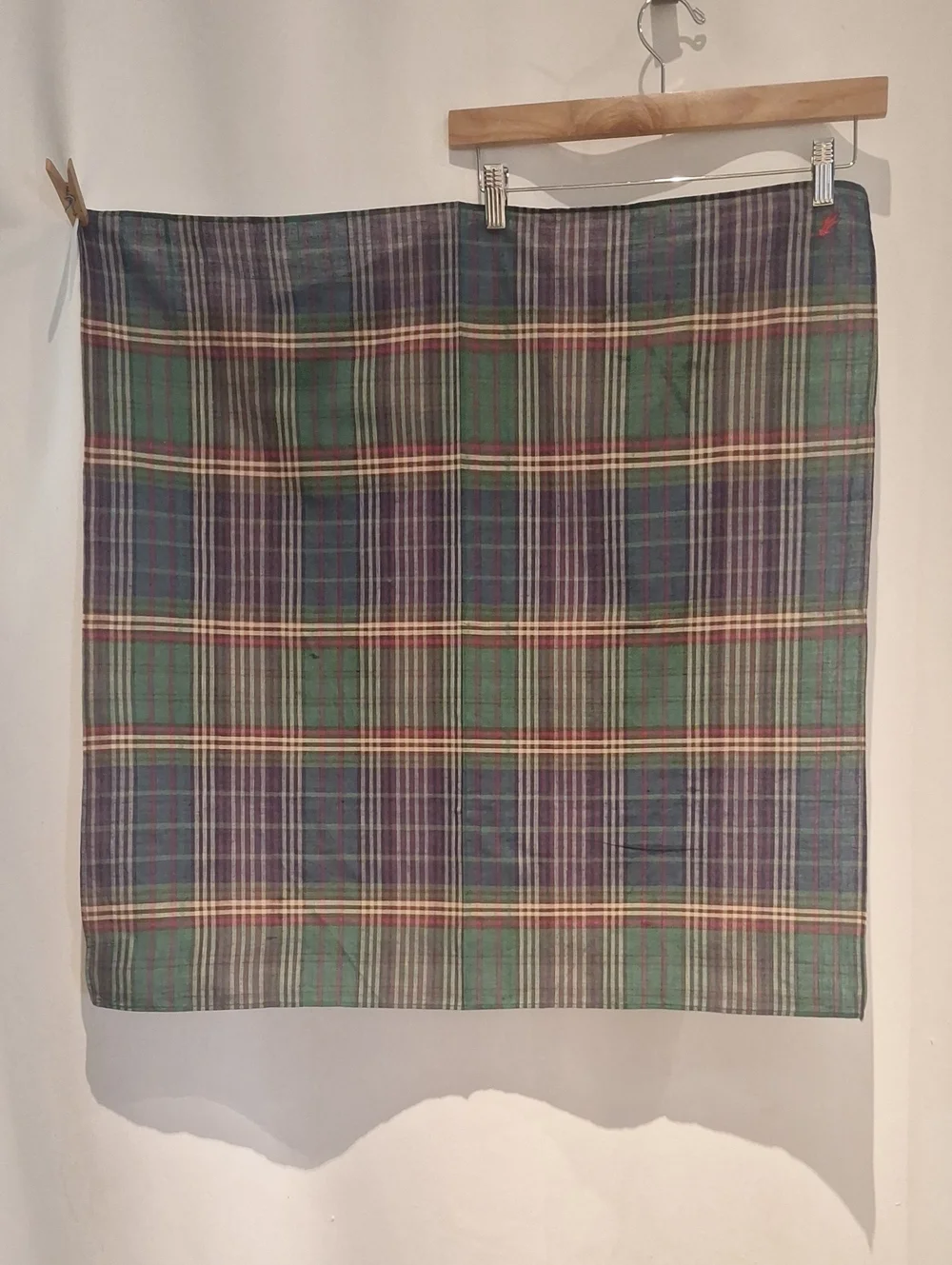Vintage Ralph Lauren Cotton Green & Navy Plaid Square Scarf